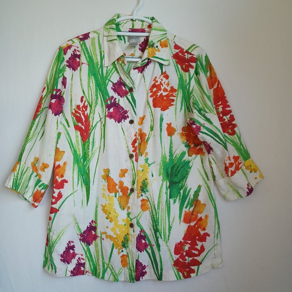 Chicos Linen Blouse Collared Button Front Vibrant… - image 7